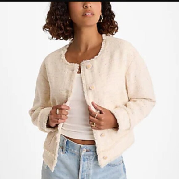 NWT Express Fringe Tweed Novelty Button Cropped Jacket Blazer, Beige / Pink, XL - Picture 1 of 9